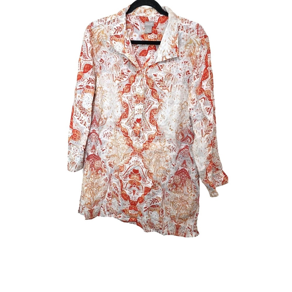 Chico's Women's 12/14 Collared Beach Vacation Tunic Orange & Beige Paisley Print